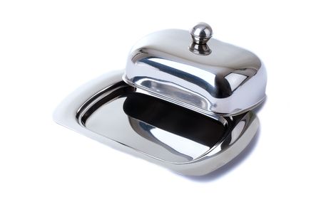 Series. Stainless butterdish on a white backgroundの写真素材
