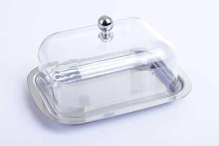 Series. Stainless butterdish on a white backgroundの写真素材