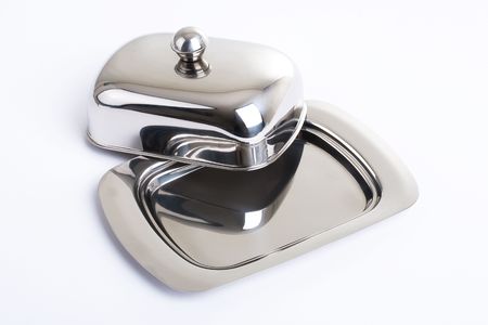 Series. Stainless butterdish on a white backgroundの写真素材