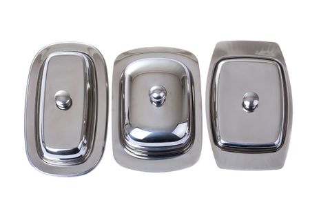 Series. Stainless butterdish on a white backgroundの写真素材