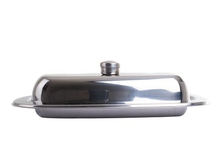 Series. Stainless butterdish on a white backgroundの写真素材