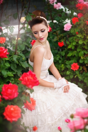 Very beautiful brunette in a wedding dress. Rero styleの写真素材