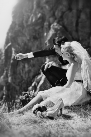 Young, beautiful and very happy - the bride and groomの写真素材