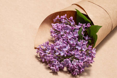 lilac flowers wrapped in craft paperの写真素材