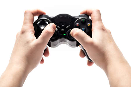 Gamepad in hands isolated on whiteの写真素材