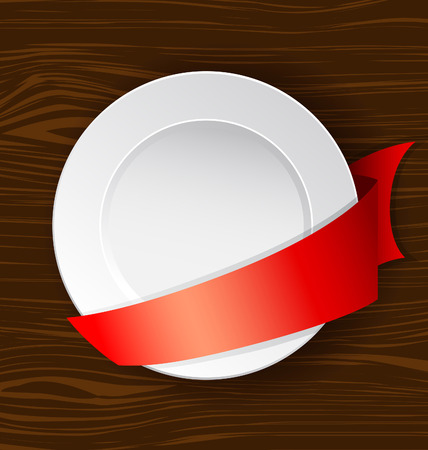 Vector dish with red ribbon on a wooden surfaceのイラスト素材
