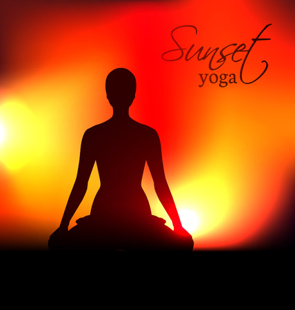 Yoga woman silhouette at sunset. Vector illustrationのイラスト素材
