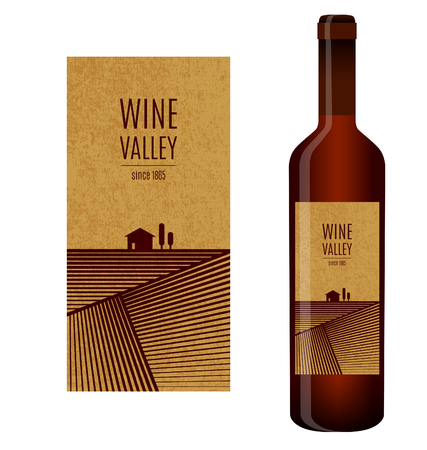 Vector wine label with abstract landscape and bottle of wine with this labelのイラスト素材