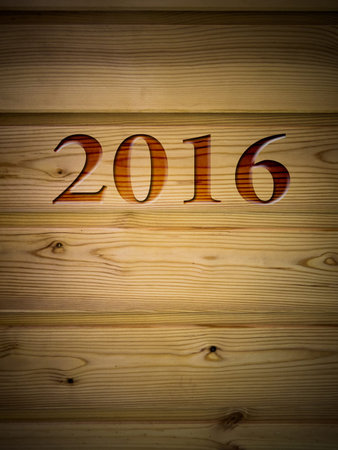 Wooden Board with drawing room 2016 under the tree, texture background. New year 2016.