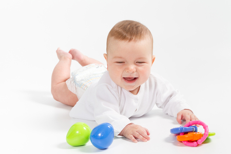 Baby newborn in the shirt closeup isolated on white background.の写真素材