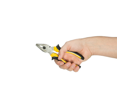 Hand holding  pliers isolated on white background.の写真素材