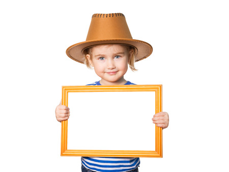 Little Funny girl in striped shirt and hat with blackboard. Isolated on white backgroundの写真素材