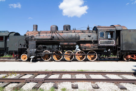 Old Soviet military train locomotive .Black retro train.