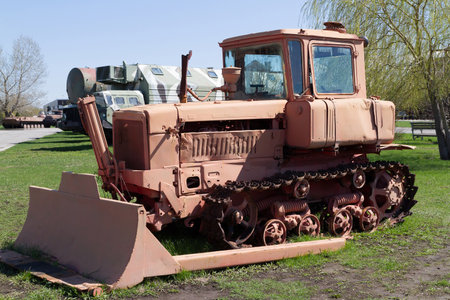 Vintage Tractor.Old Retro Soviet tractor caterpillar.のeditorial素材