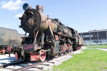 Old Soviet military train locomotive .Black retro train.のeditorial素材