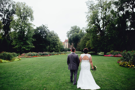 Portrait of a beautiful wedding couple. They are walking in the park, between a big green trees, holding their hands. We can see them backwards.の写真素材