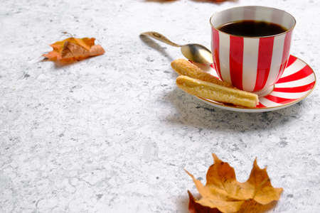 Coffee in a cup, cookies and gray backgroundの写真素材