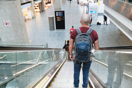 St. Petersburg, Russia, Alexander Kirillov - 26082019: Pulkovo Airport, a man goes down the...