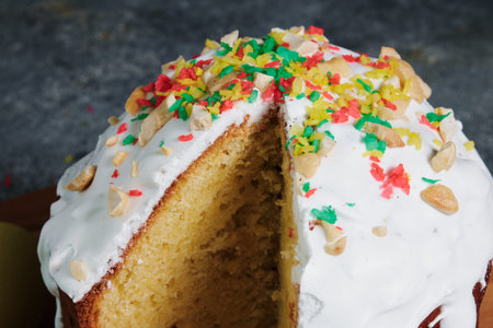 Easter cake and colorful Easter eggs.