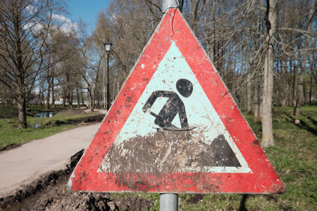 Road signs. Road works. Replacement of the road surface.の写真素材