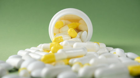 The pills are scattered on the table. Tablets on the green background. Medicinal tablets, capsules,...