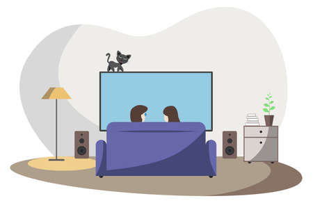 A man and a woman are sitting at home on the sofa in front of the TV.のイラスト素材