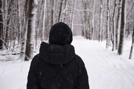 A woman walks alone in a snow-covered park among trees.の写真素材