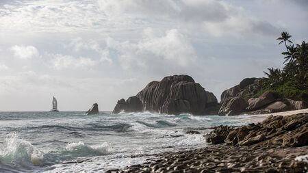 Granite rocks at the beach, Seychellesの写真素材