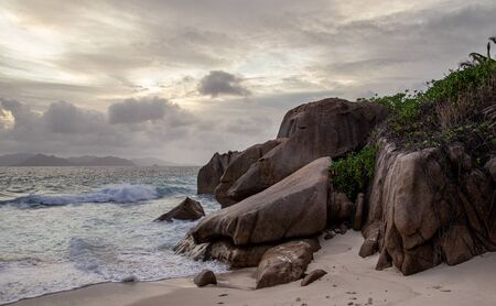 Granite rocks at the beach, Seychellesの写真素材