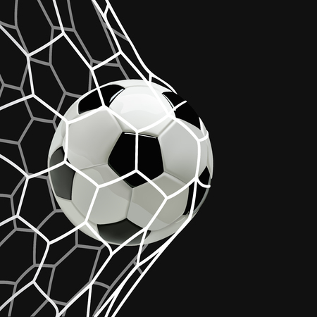 Soccer or Football 3d Ball in the Net on black backgroundのイラスト素材