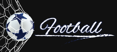 3D Soccer ball in net banner. Football ball with blue stars on black background.のイラスト素材