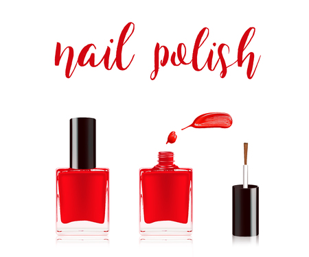 Red nail polish in bottle with the bottle lid on top and nail smear drop isolated on white background. Vector illustration.のイラスト素材