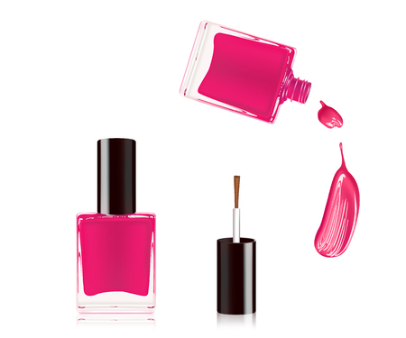 Pink nail polish in bottle with the bottle lid on top and nail smear drop isolated on white background. Vector illustration.のイラスト素材