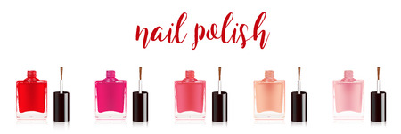 Different colors nail polish set. Nail varnish in the bottle with the bottle lid, isolated on white background. Vector illustration.のイラスト素材