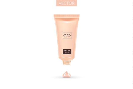 Cosmetic plastic tube mock up. Foundation cream drop and container isolated on white background. Beauty make up product package, vector illustration.のイラスト素材