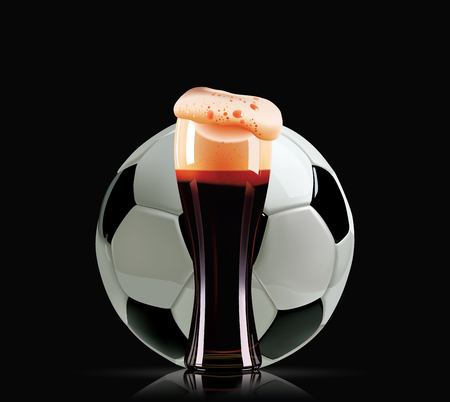 Elegant beer glass and soccer ball. Photo-realistic vector illustration of dark beer and football on black background.のイラスト素材