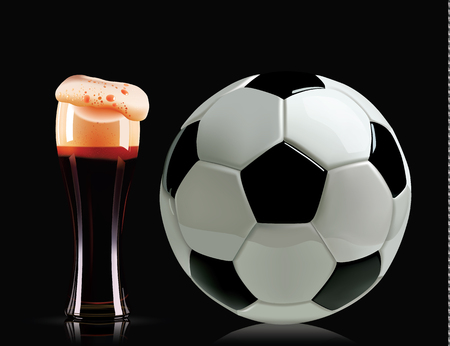 Beautiful beer glass and soccer ball. Photo-realistic vector illustration of dark beer and football on black background.のイラスト素材