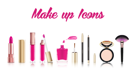 Beautiful cosmetic icons set in gold. lipstick, lip gloss, nail polish with smear, cosmetic eyeliner pelcil and face powder. Makeup realistic vector isolated on white.のイラスト素材