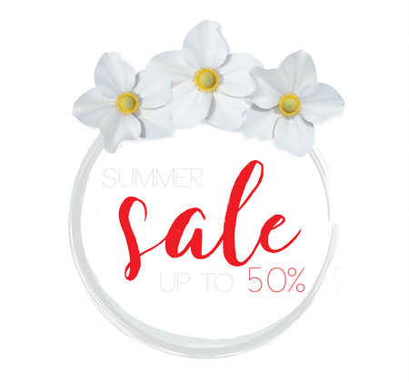 Flower banner with text summer sale on white background with beautiful flowers. Artistic design vector banners, greeting cards, summer sales.のイラスト素材