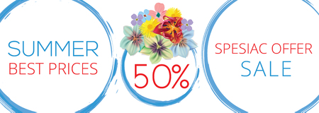 Summer sale Floral banner with text on white background with beautiful flowers. Artistic design vector banners, greeting cards, summer sales 50.のイラスト素材
