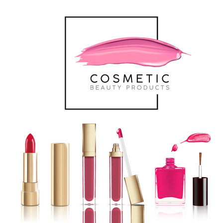 Beautiful cosmetic set in gold. lipstick, lip gloss and nail polish with smear. Makeup realistic cosmetic vector isolated on white.のイラスト素材