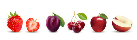 Isolated realistic fruit icons. Strawberry, Apple, Plum and Cherry.のイラスト素材