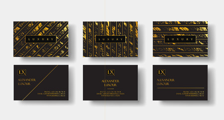 Elegant black luxury business cards Set with marble texture and gold detail vector template, banner or invitation with golden foil details. Branding and identity graphic designのイラスト素材
