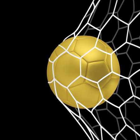 Vector golden Realistic soccer ball or football ball in net on black background. 3d Style vector Ball.のイラスト素材