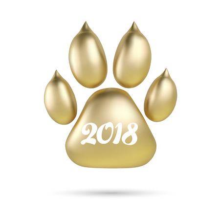 Vector Golden paw print of animal logotype or icon isolated on white background. Dog paw footprint logo. 2018 Year of Dogのイラスト素材
