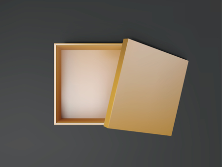 Gold open empty squares cardboard box top view. Mockup template for design products, package, branding, advertising. Vector illustration.のイラスト素材