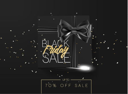 Black friday sale cardboard box tied with a black ribbon bow and lying on a black background with confetti and inscription Black friday Top view Template for the poster, banner and webのイラスト素材