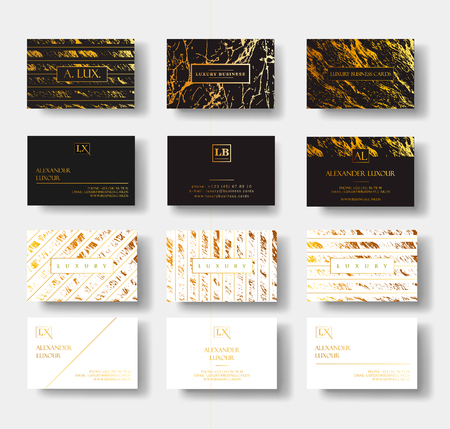 Elegant black and white luxury business cards Set with marble texture and gold detail vector template, banner or invitation with golden foil details. Branding and identity graphic designのイラスト素材