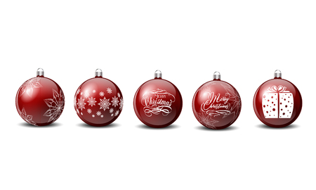 Vector Christmas ball in red color with snowflakes an Merry Christmas Sign.のイラスト素材