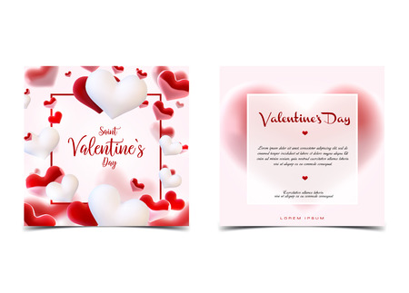 Valentine s day many hearts concept. Vector illustration. 3d colorful hearts with thin square frame. Cute love banner, flyer or greeting card. Place for your text.のイラスト素材